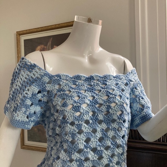 HANDMADE knit crochet top in shades of blue - Picture 3 of 8